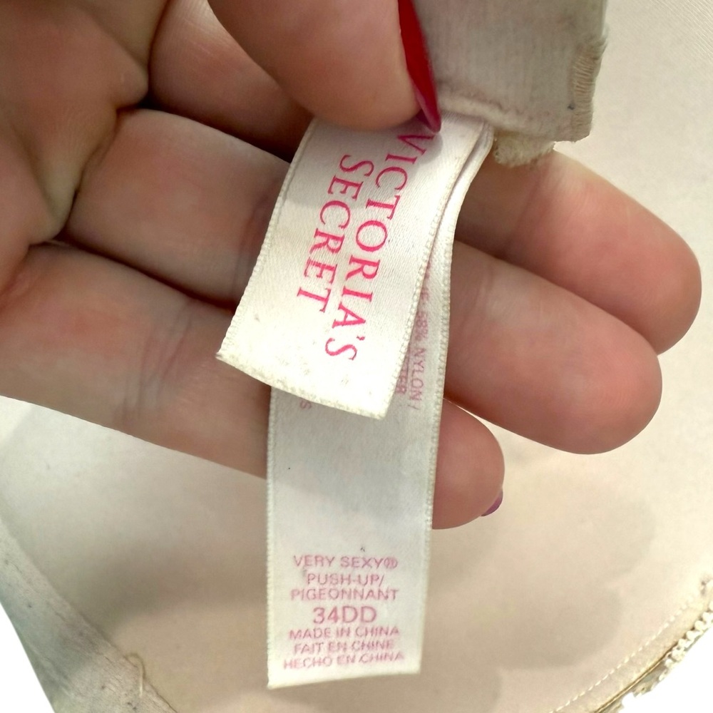 Victoria’s Secret 34DD Very Sexy Push-Up Bra Pink Beige Lace Rhinestone Crystal - Picture 7 of 8